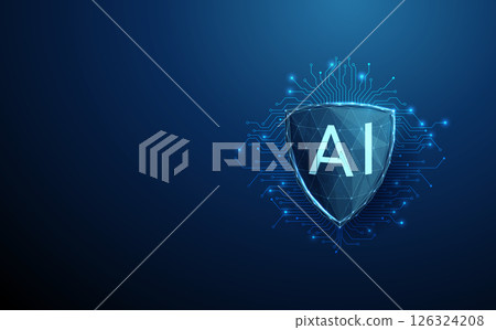 Futuristic shield with glowing AI inscription on electronic circuit lines background. Cybersecurity, advanced data protection concept. Futuristic shield with glowing AI inscription on electronic circuit lines background. Cybersecurity, advanced data protection concept. 126324208