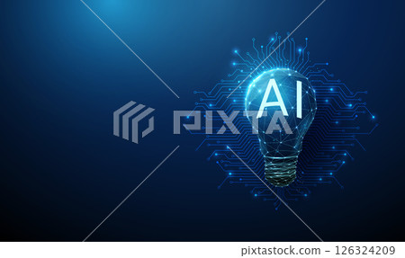 Futuristic light bulb with glowing AI inscription on electronic circuit lines background. AI, smart technology, innovative ideas concept Futuristic light bulb with glowing AI inscription on electronic circuit lines background. AI, smart technology, innovative ideas concept 126324209