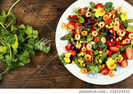 Fresh healthy shrimp salad, modern kitchen. 126324433