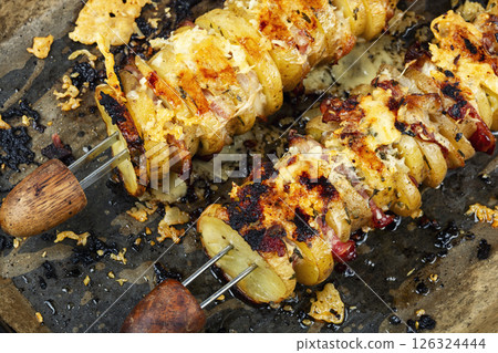 Bacon and fried potatoes, BBQ. Bacon and fried potatoes, BBQ. 126324444