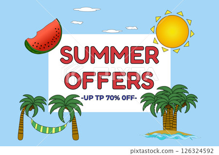 Summer Sale Promotional Banner with Palm Trees, Sun, Watermelon, and Discount Text on blue background. For summertime seasonal promotion, social media, online store, poster, flyer, marketing material. Summer Sale Promotional Banner with Palm Trees, Sun, Watermelon, and Discount Text on blue background. For summertime seasonal promotion, social media, online store, poster, flyer, marketing material. 126324592