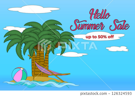 Hello Summer Sale Banner with Palm Trees, Hammock, Beach Ball, and Ocean Waves on Blue Sky Background. For summertime seasonal promotion, social media, online store, poster, flyer, marketing material. 126324593