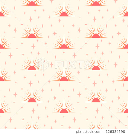 Celestial vector seamless pattern. Pink sunset half sun shapes and scattered stars on light cream off-white background. Neutral boho sunshine and sparkles repeat design for nursery decoration, fabric Celestial vector seamless pattern. Pink sunset half sun shapes and scattered stars on light cream off-white background. Neutral boho sunshine and sparkles repeat design for nursery decoration, fabric 126324598