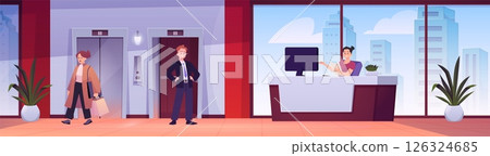 People at hotel or company lobby and reception scene, man waiting for elevator vector flat illustration, hall interior 126324685