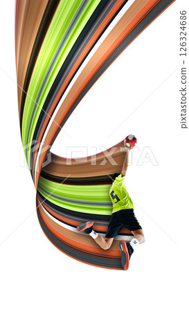 Male handball player in green and black uniform mid-air, throwing handball on white background with abstract pixel stretch effect. 126324686
