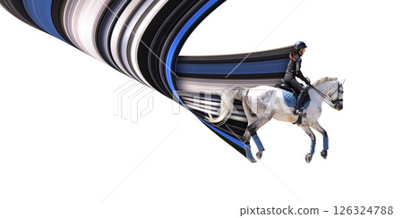Woman on white horse riding against white background with colorful abstract element. Pixel stretch effect. Woman on white horse riding against white background with colorful abstract element. Pixel stretch effect. 126324788