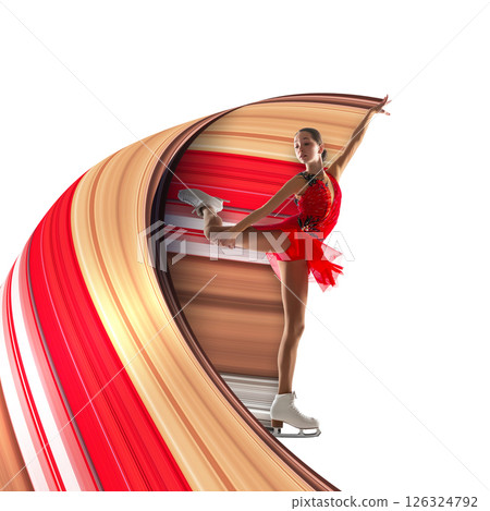 Female figure skater in red costume in dynamic pose, with one leg extended on white background with curved abstract form. Pixel stretch effect 126324792