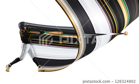 Baseball player captured mid-swing, hitting baseball against white background with large, abstract element with horizontal stripes. Baseball player captured mid-swing, hitting baseball against white background with large, abstract element with horizontal stripes. 126324802