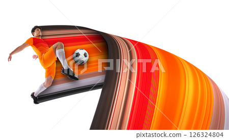 Male soccer player in action, controlling soccer ball against white background with vibrant abstract form. Motion lines effect. 126324804
