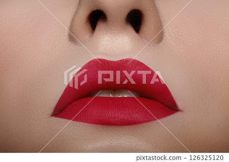 Beautiful Woman Lips with Fashion Red Lipstick Makeup. Cosmetic, Fashion Make-Up. Beauty Lip Visage. Passionate kiss 126325120