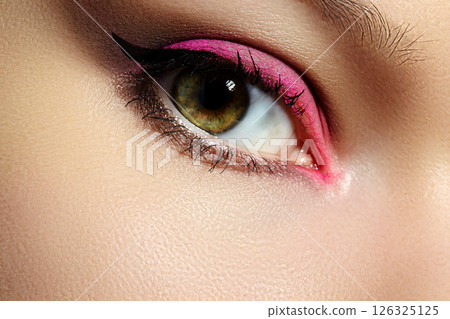 Closeup Macro of Woman Face with Pink Eyes Make-up. Fashion Celebrate Makeup, Glow Clean Skin Closeup Macro of Woman Face with Pink Eyes Make-up. Fashion Celebrate Makeup, Glow Clean Skin 126325125