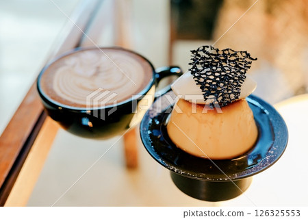 Latte and pudding cafe sweets set 126325553