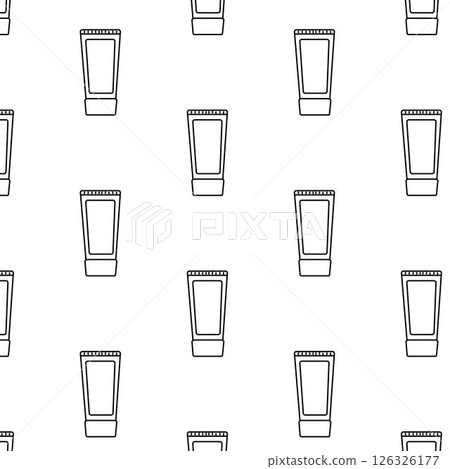 BB cream bottle Seamless pattern. Vector graphic line illustration. Black and white cosmetic makeup art. Banner, poster, wrapping paper, sticker, print, modern textile design. 126326177