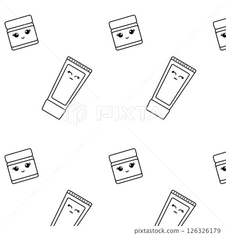 Kawaii cream bottle and jar Seamless pattern. Vector graphic line illustration. Black and white cosmetic makeup art. background for banners, print for fabric, labels, t-shirt printing. 126326179