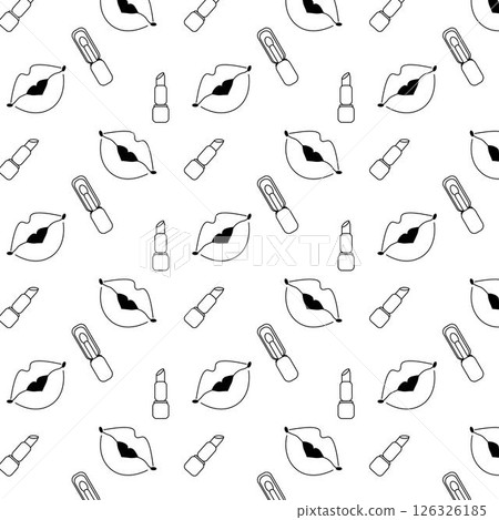 Lips kiss, lipstick, lip gloss seamless pattern. Seamless pattern. Vector graphic line illustration. Black and white cosmetic makeup art. Design for package, cosmetic, textile, cards. 126326185