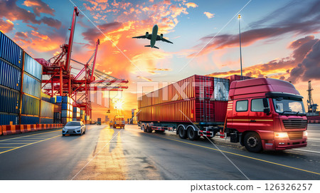 Logistics, container Cargo ship transportation with working crane bridge in deep sea port for import export. Logistics, container Cargo ship transportation with working crane bridge in deep sea port for import export. 126326257