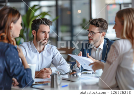 Manager is showing annual report to her colleagues in the executive meeting investment. Manager is showing annual report to her colleagues in the executive meeting investment. 126326258