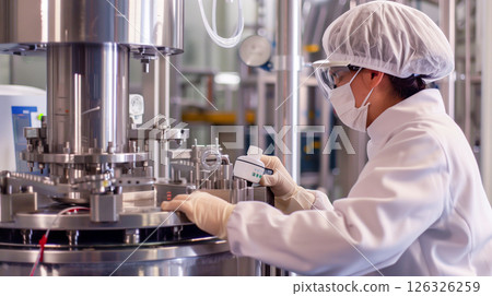 Scientist wearing protective suit works in pharmaceutical factory. 126326259