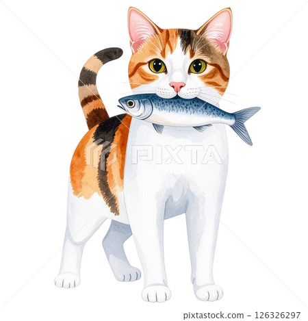 Chubby Calico Cat adorable Clipart watercolor cozy naps and playful 126326297