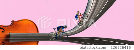 Two cyclists race and climb surreal violin string path over pink backdrop blending sport with rhythm. Stretch effect. 126326416