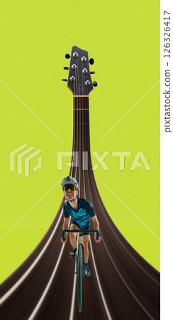 Sporty man in full gear rides bicycle over surreal guitar string path on lime background. Stretch effect. Sporty man in full gear rides bicycle over surreal guitar string path on lime background. Stretch effect. 126326417