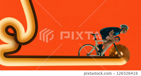 Rider speeds forward on golden cymbal as wheel across surreal path on bright orange background. Stretch effect. Banner. Rider speeds forward on golden cymbal as wheel across surreal path on bright orange background. Stretch effect. Banner. 126326418