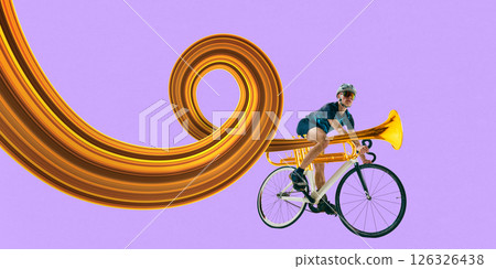 Professional cyclist rides surreal trumpet-shaped track in midair with golden swirls on purple background, musical rhythm. Stretch effect. Professional cyclist rides surreal trumpet-shaped track in midair with golden swirls on purple background, musical rhythm. Stretch effect. 126326438