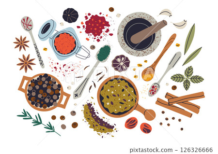 Top view composition with spices in wooden bowls and glass jars. Aesthetic layout with herbs, seasoning blends, kitchen tools vector illustrations, flat icons of cumin, turmeric, pepper 126326666