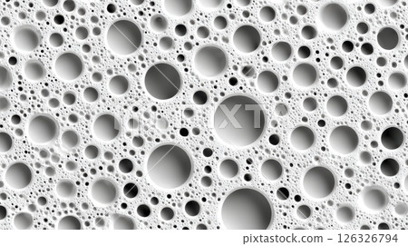 Abstract close-up of white soap bubbles with varied sizes and textures creating an intricate patterned surface, bw textured background 126326794