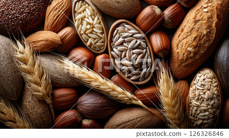 Assorted nuts and grains with bread and wheat stalks displaying natural variety 126326846