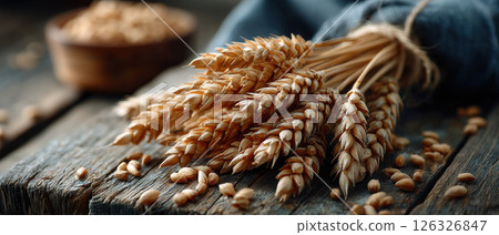 Freshly harvested wheat sheaves on rustic wooden table with wheat grains scattered around 126326847