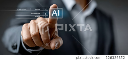 Business professional interacting with virtual ai interface concept for advanced technology and innovation in modern workplaces 126326852