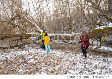 Family adventure in winter wonderland, exploring a snowy forest trail with fallen trees and soft, white snow blanketing the ground under a serene sky 126326983