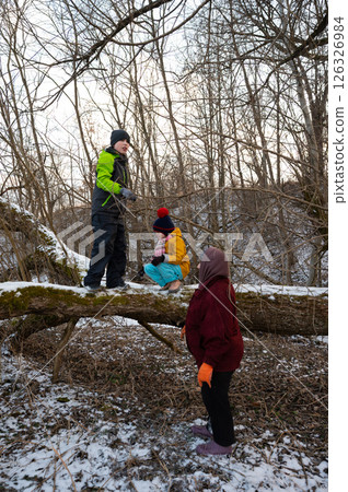Children exploring nature on a winter day, climbing a fallen tree in a snowy forest setting near a quiet stream during dusk 126326984