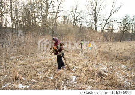 Collecting firewood in a serene landscape during early winter, with family members enjoying nature's tranquility while tending to necessary tasks Collecting firewood in a serene landscape during early winter, with family members enjoying nature's tranquility while tending to necessary tasks 126326995