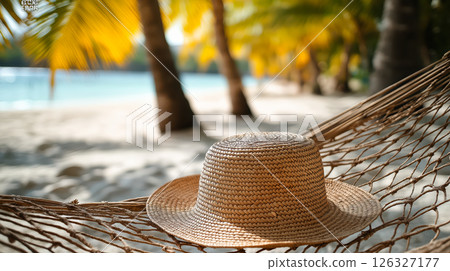 Relaxing Tropical Scene with a Straw Hat on a Hammock by the Beach Under Palm Trees Relaxing Tropical Scene with a Straw Hat on a Hammock by the Beach Under Palm Trees 126327177