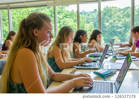 Students Focused on Laptop Work in a Bright Classroom 126327178