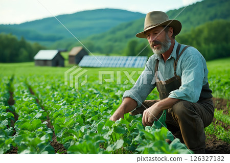 Hardworking Farmer Inspecting Crops in a Lush Field Surrounded by Scenic Farm Landscape 126327182