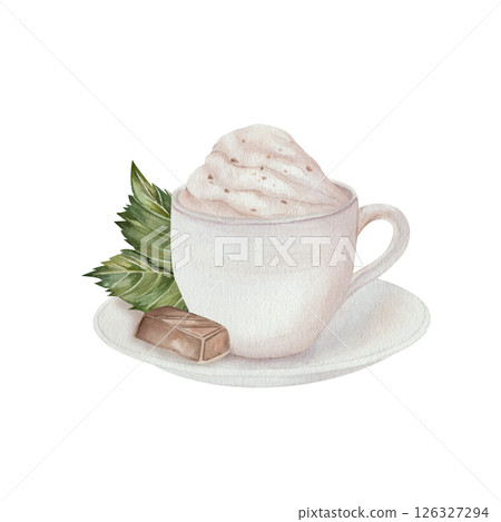 Watercolor illustration of a white coffee cup with whipped cream and chocolate on a saucer, accented by a green leaf. Soft pastel colors, ideal for cafe menus, packaging, and kitchen decor. 126327294