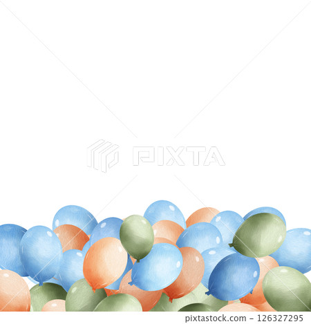 Photo-realistic watercolor border with floating pastel balloons in blue, green, and orange on white background. Soft festive illustration ideal for baby showers and celebration designs. 126327295