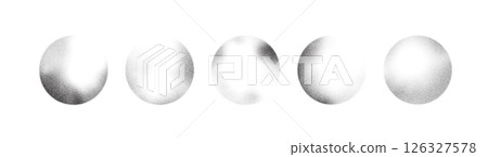 Grain noise dot sphere with gradient spray pattern background vector. Abstract brush round dissolve effect with grainy sand and ink. Sun white black stipple planet fade with halftone shadow ring. 126327578