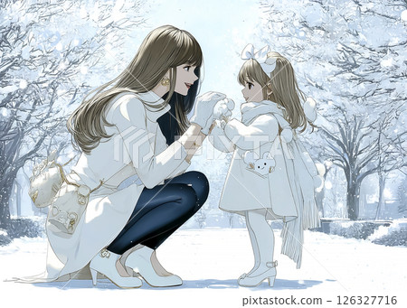 Illustration material of a child and mother walking in a winter park 126327716