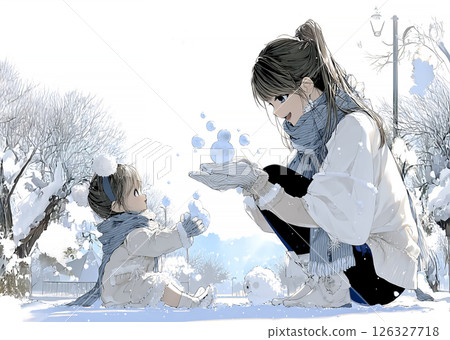Illustration material of a child and mother enjoying the snow in a winter park 126327718