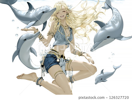 Illustration material of a dolphin fairy playing with a dolphin 126327720