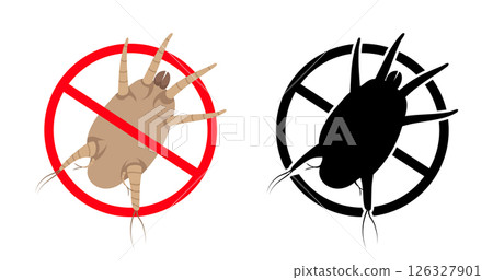 Stop sign crossing over dust mite, anti mite symbol, color and black and white 126327901