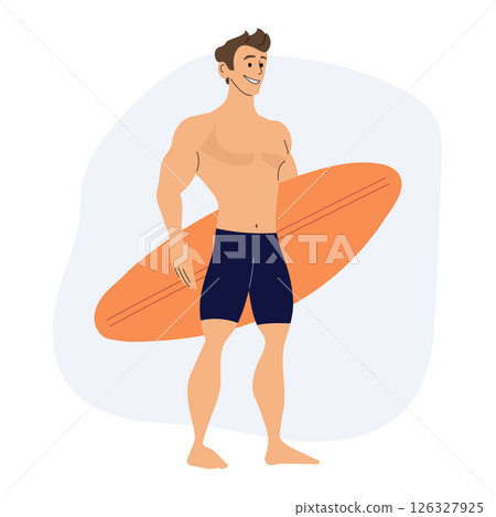 Surfer holding surfboard smiling looking away summer vacation concept Surfer holding surfboard smiling looking away summer vacation concept 126327925