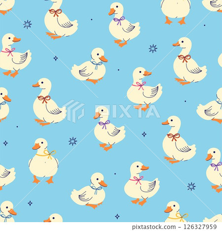 Seamless pattern with cute white ducks with bows on their necks on a blue background. Vector graphics 126327959