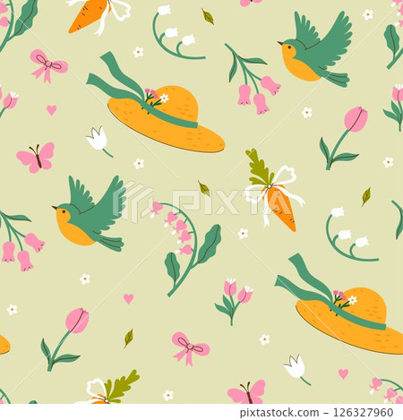 Garden spring seamless pattern with hats, birds and flowers. Vector graphics Garden spring seamless pattern with hats, birds and flowers. Vector graphics 126327960