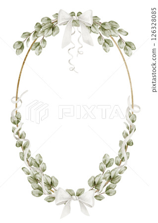 Circular botanical Wreath with watercolor Eucalyptus Branches and white ribbons. Illustration of vertical Template for wedding invitations, birth announcements, and Baby shower greeting cards. Circular botanical Wreath with watercolor Eucalyptus Branches and white ribbons. Illustration of vertical Template for wedding invitations, birth announcements, and Baby shower greeting cards. 126328085