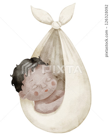 Watercolor illustration of dark skinned cute Baby in sack. Drawing of Infant in pastel colors for baby shower greeting cards or newborn party greeting cards. Art of child for nursery posters. Watercolor illustration of dark skinned cute Baby in sack. Drawing of Infant in pastel colors for baby shower greeting cards or newborn party greeting cards. Art of child for nursery posters. 126328092